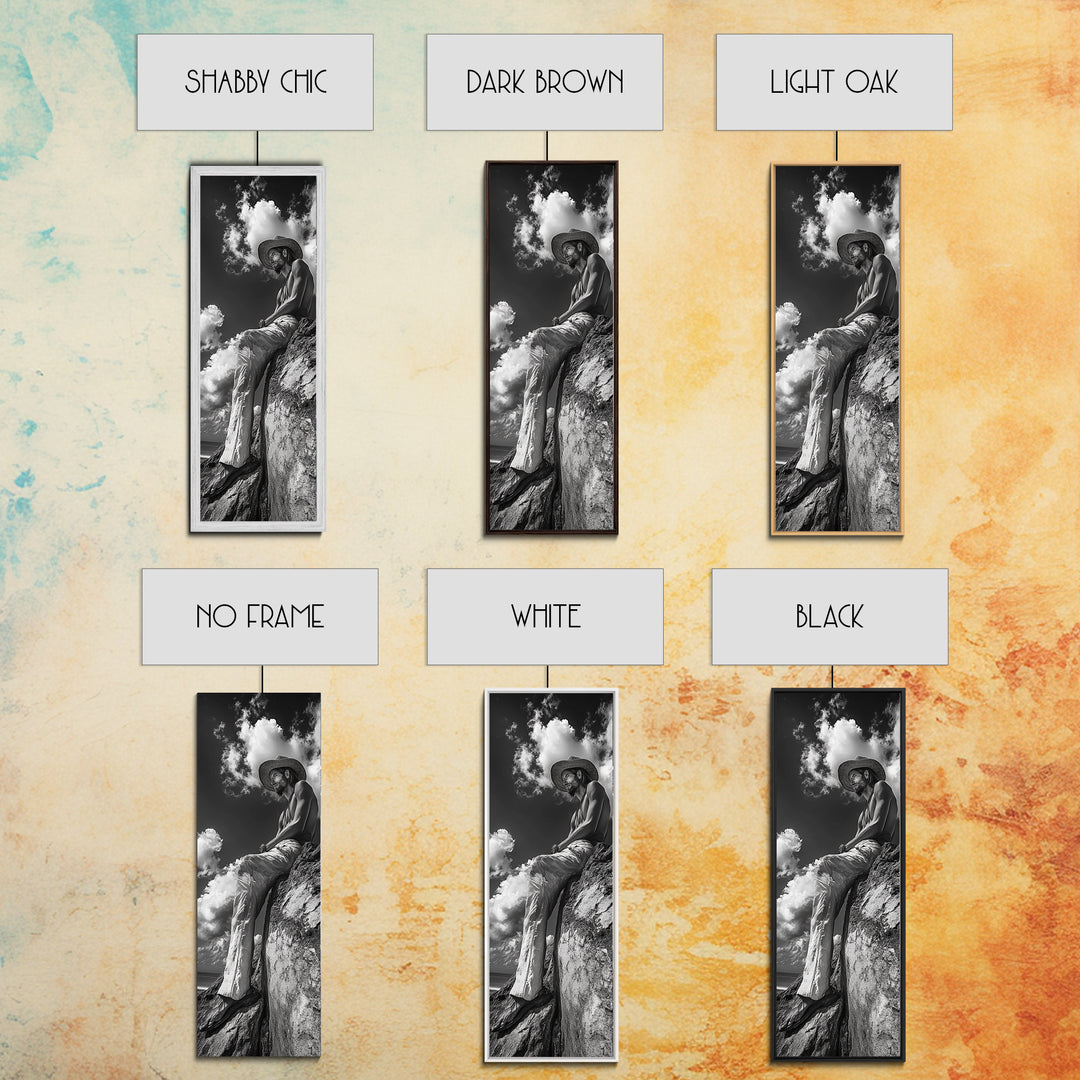 Bohemian Man, Clifftop Reflection, Framed Canvas Print, Coastal Cowgirl Wall Art, Rustic Décor, Boho Art, Minimalist Art