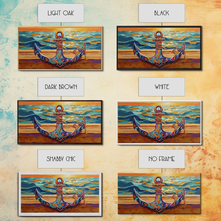 Anchor at Sunset, nautical painting, coastal decor, ocean art, framed canvas print, above sofa art, beach house decor, seascape