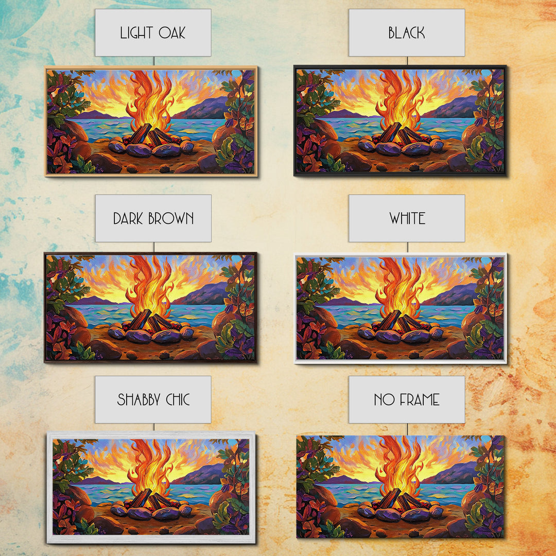 Campfire by Lake, bonfire painting, rustic wall art, mountain painting, framed canvas print, above sofa art, cozy night decor