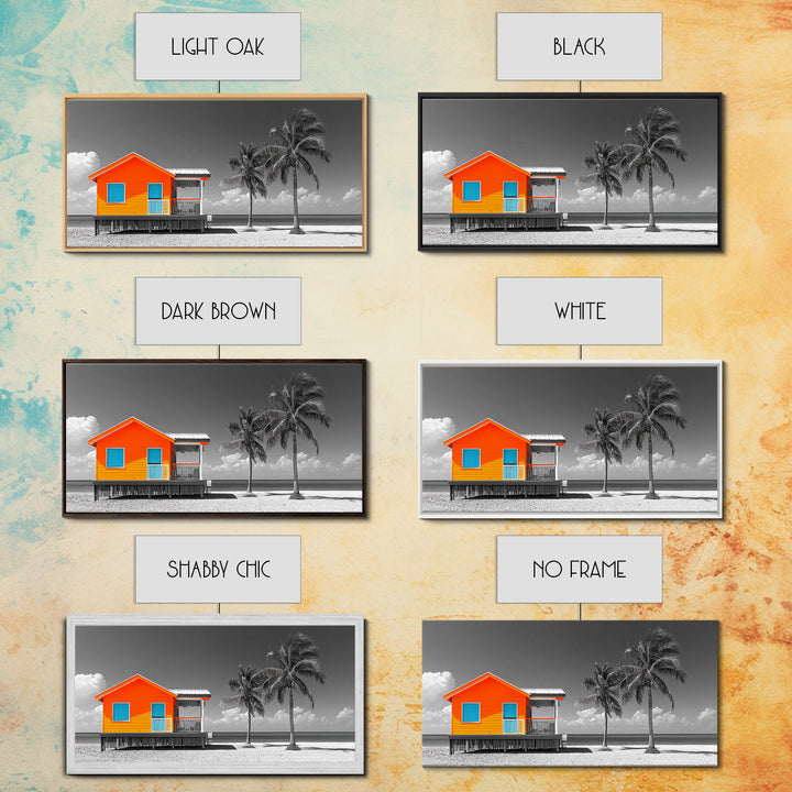 Bright Beach House Framed Canvas Print | Coastal Landscape Art | Nautical Wall Art | Coastal Decor | Extra Wide Art | Tropical Beach Art