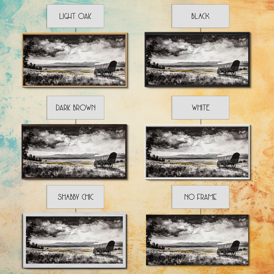 Covered Wagon, barn landscape oil painting, rustic wall art, farmhouse decor, panoramic art, smoky mountain art, Framed Canvas Print, landscape