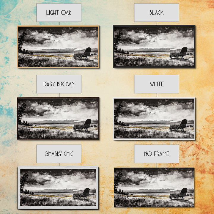 Covered Wagon, barn landscape oil painting, rustic wall art, farmhouse decor, panoramic art, smoky mountain art, Framed Canvas Print, landscape