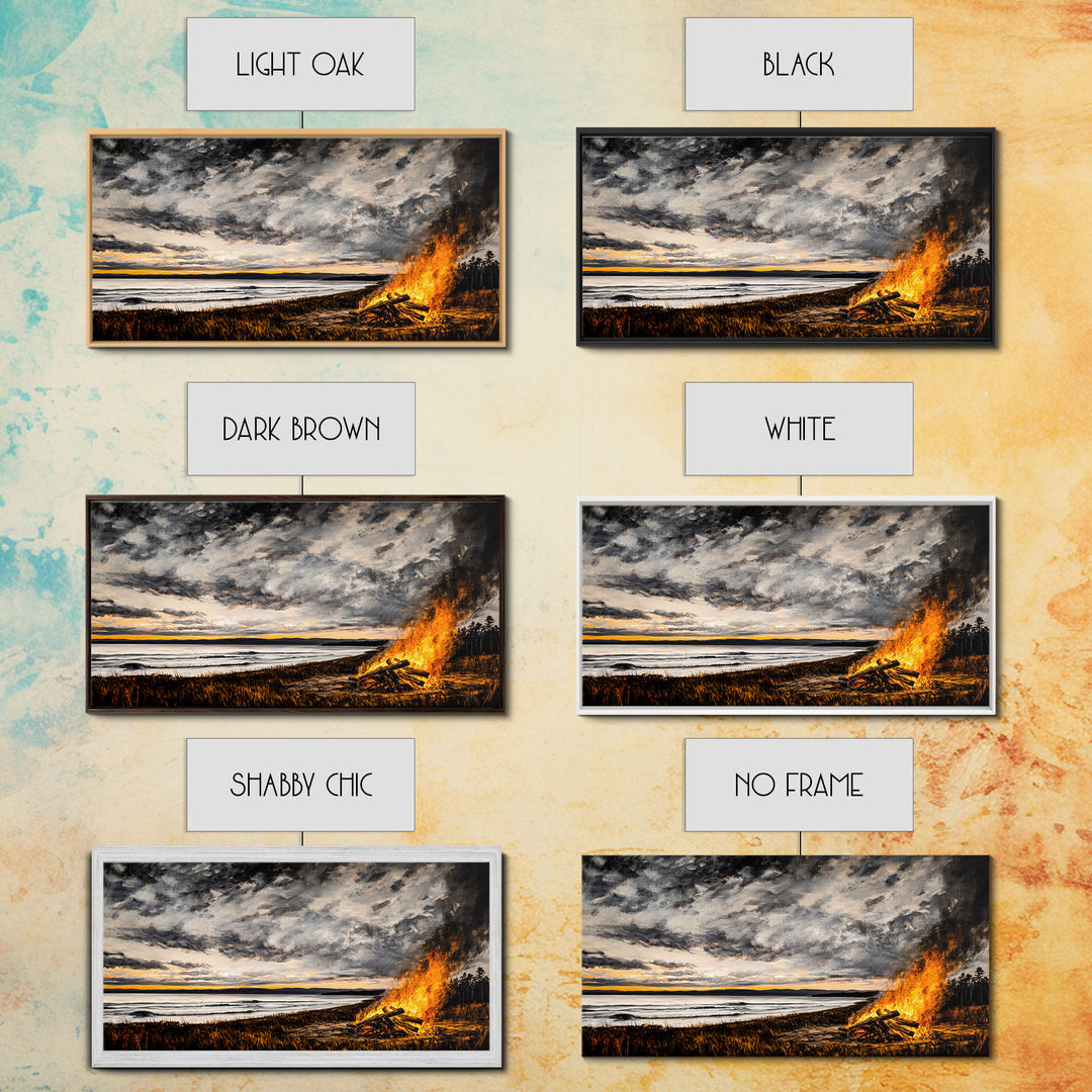 Campfire, forest at dusk painting, smoky mountain art, extra wide art, autumn decor, wabi sabi art, Framed Canvas Print, above couch art