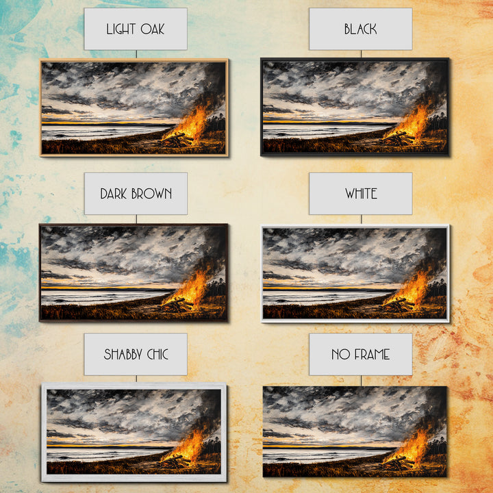 Campfire, forest at dusk painting, smoky mountain art, extra wide art, autumn decor, wabi sabi art, Framed Canvas Print, above couch art