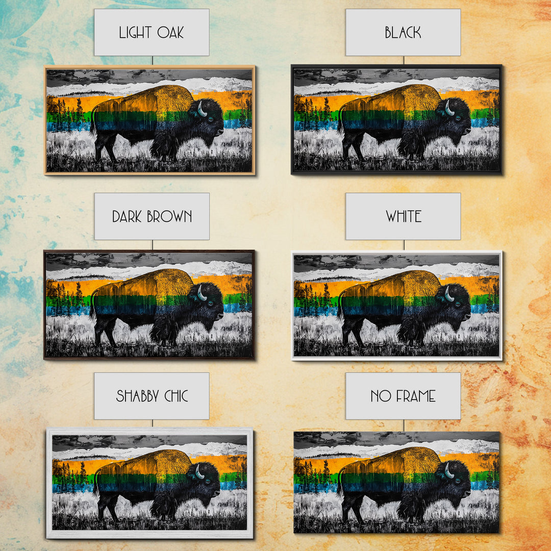 Bison, rustic wall art, mountain painting, western decor, wildlife art, Joshua tree art, extra wide art, Framed Canvas Print, moody art