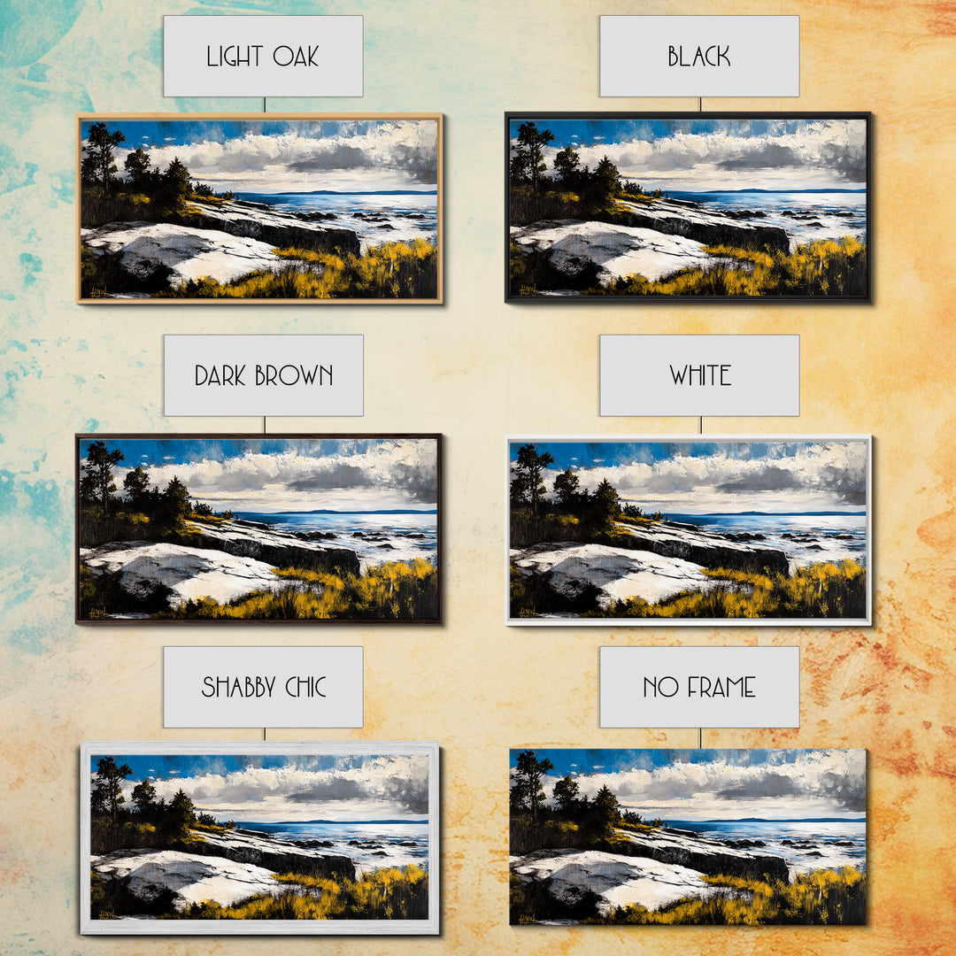 Coastal Landscape, Maine oil painting, seascape painting, landscape painting, nautical wall art, extra wide art, framed canvas print