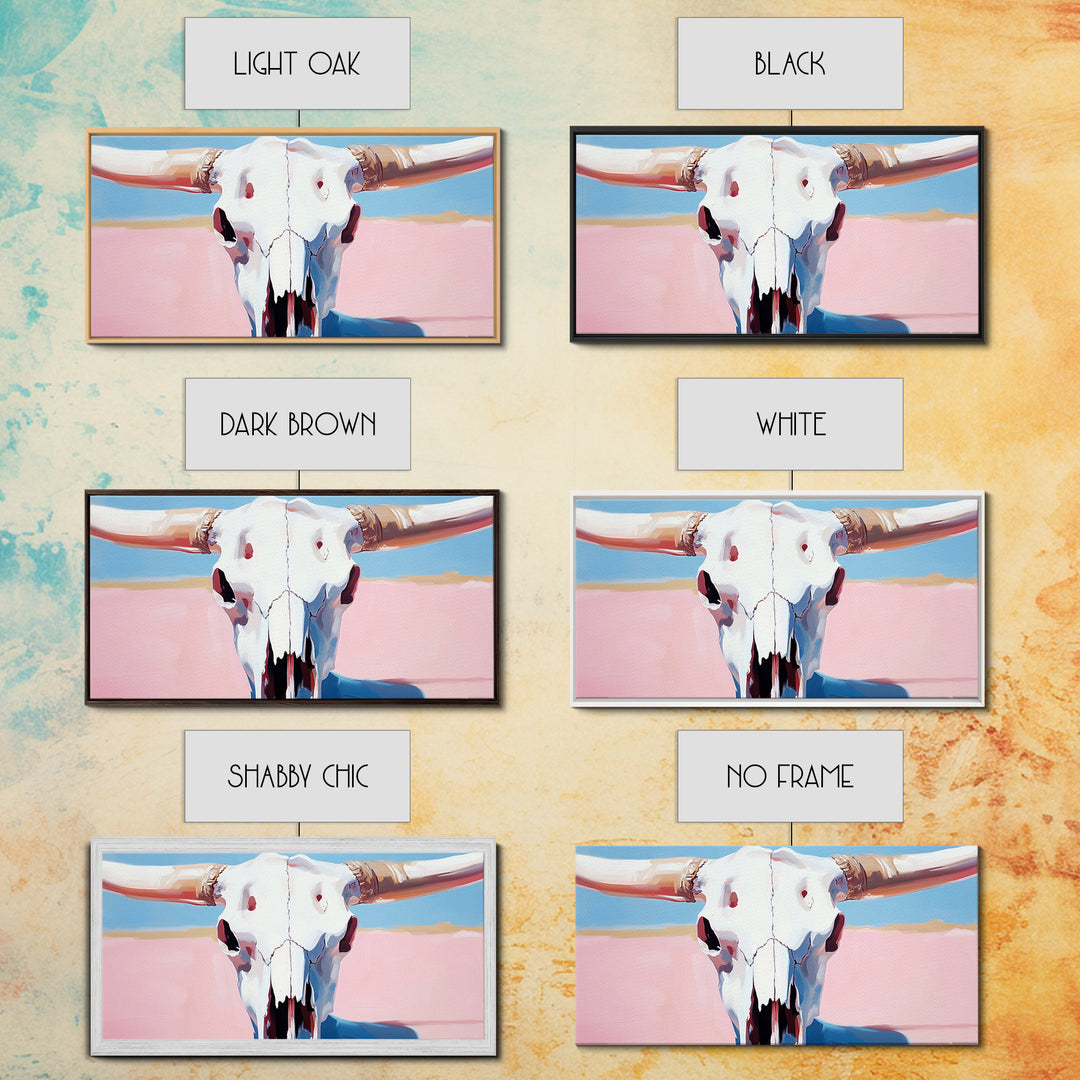 Bull Skull Painting, Southwest Wall Art, Pink and Blue Art, Rustic Western Decor, Framed Canvas Print, Extra Wide Art, Boho Art