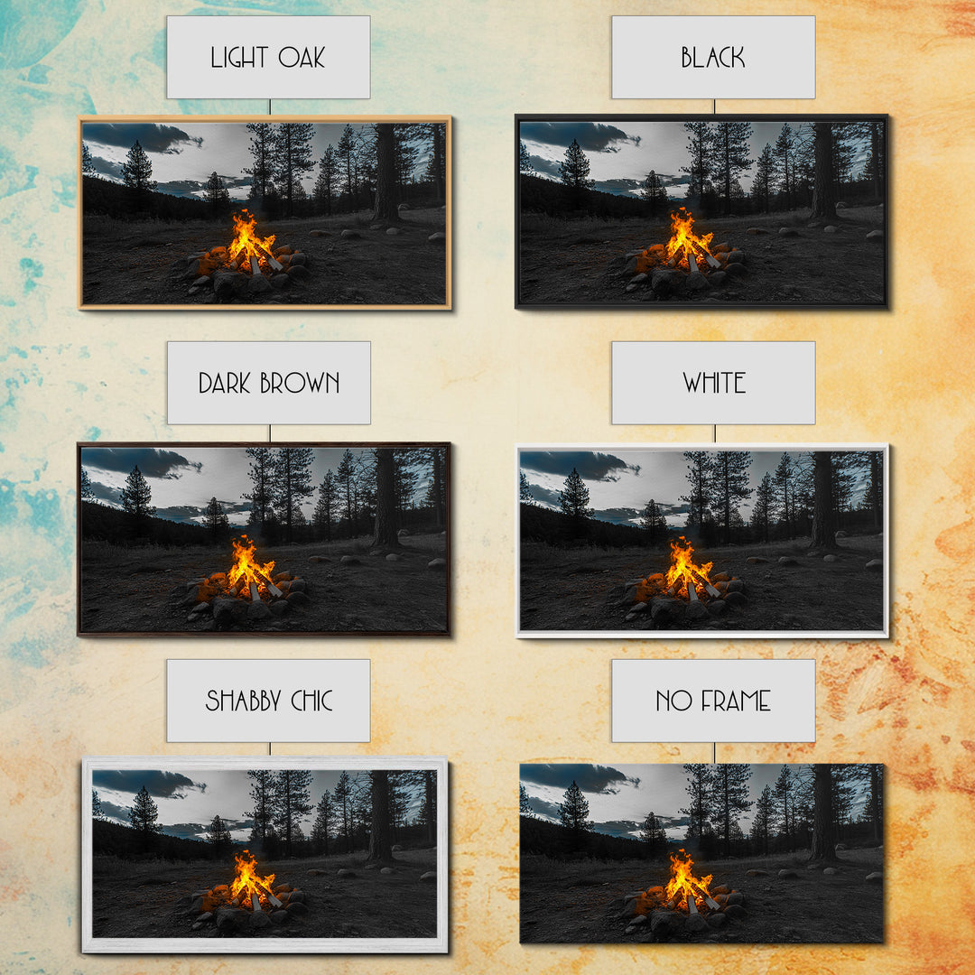 Campfire Under Pine Trees Canvas Print | Forest at Dusk Painting | Rustic Wall Art | Moody Landscape Art | Above Sofa Art | Extra Wide Art