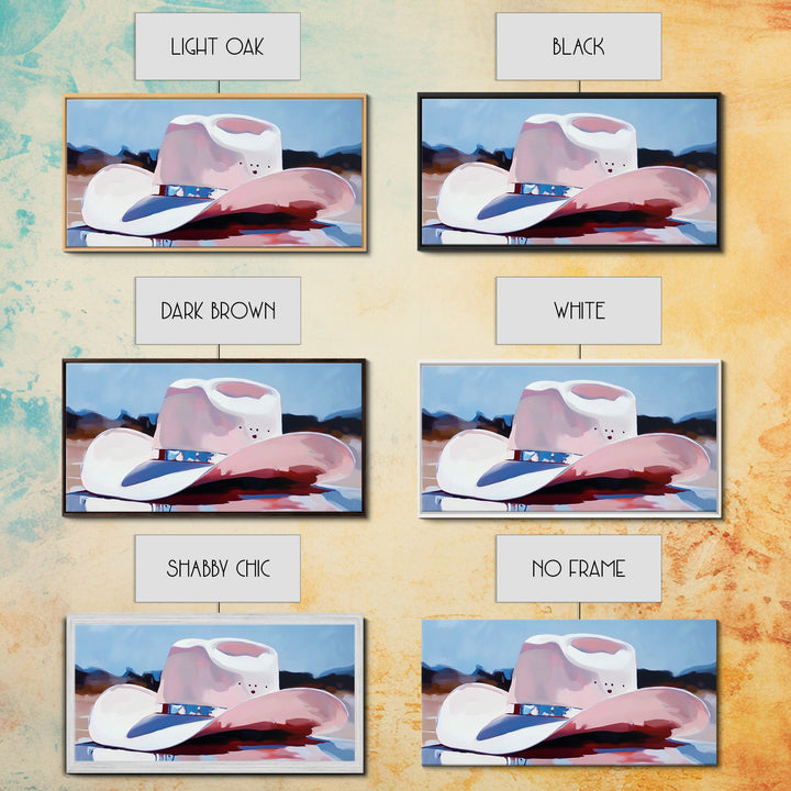 Cowboy hat, western art, farmhouse art, framed canvas print, rustic wall art, gift idea, wabi sabi art, pink abstract art, lofi art