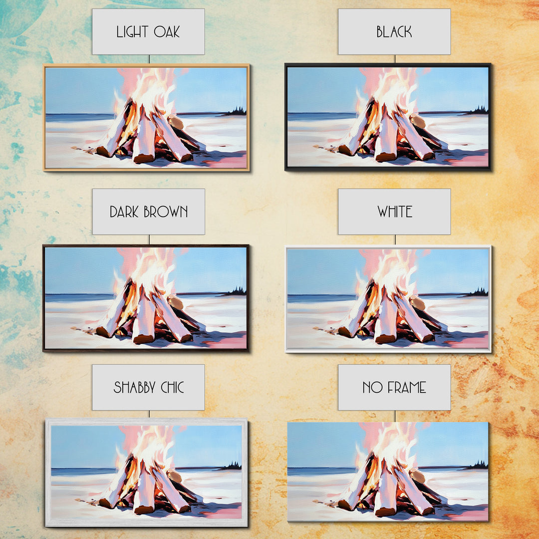 Campfire, moody art, coastal landscape art, framed canvas print, rustic decor, fire painting, extra wide art, landscape painting