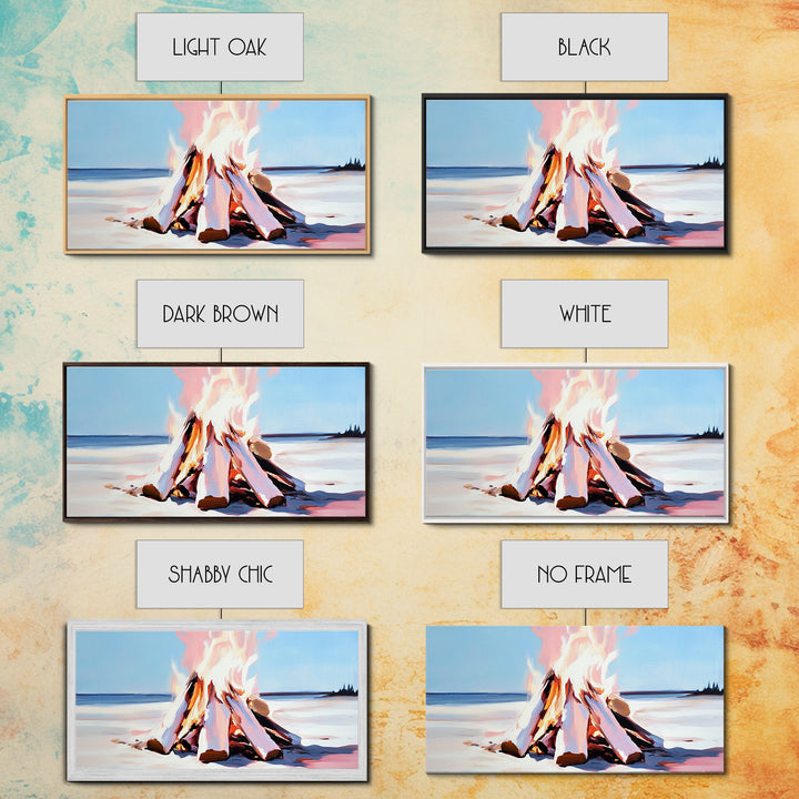 Campfire, moody art, coastal landscape art, framed canvas print, rustic decor, fire painting, extra wide art, landscape painting