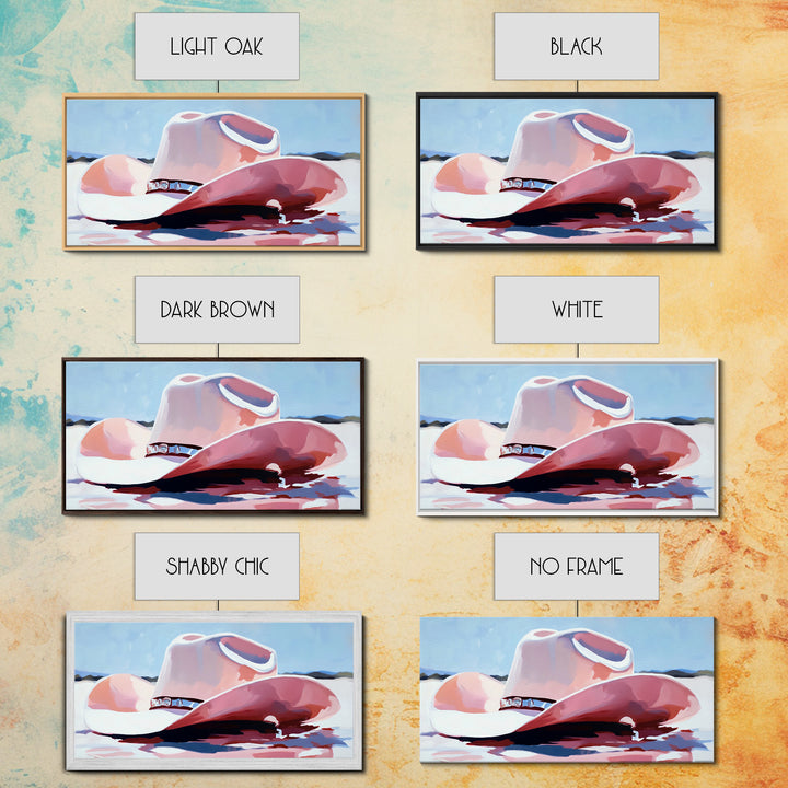 Cowboy Hat in Desert, western art, vintage cowgirl, rustic wall art, pink wall art, light pink wall art, framed canvas print