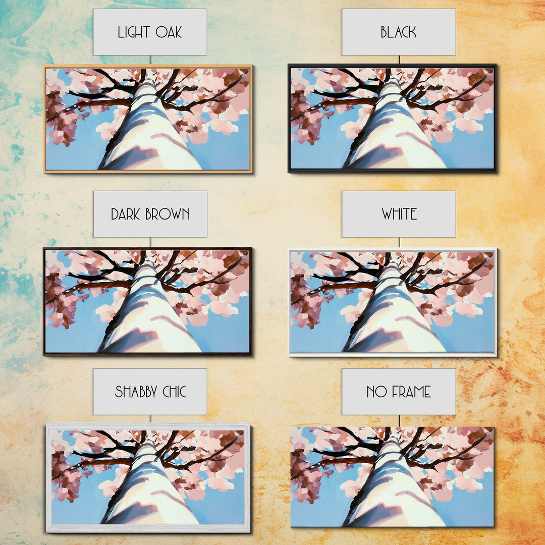 Cherry Blossom Painting, Birch Tree Art, Pink Wall Art, Botanical Prints, Extra Wide Art, Canvas Print, Above Sofa Art, Horizontal Wall Art