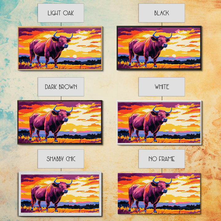 Bull Sunset, bull and bear art, rustic wall art, farmhouse decor, sunset painting, moody art, framed canvas print