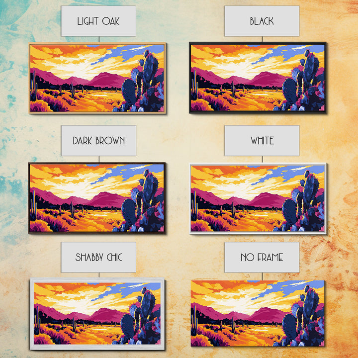 Desert Cactus, southwest wall art, mountain painting, rustic decor, landscape painting, panoramic art, Framed Canvas Print, extra wide art