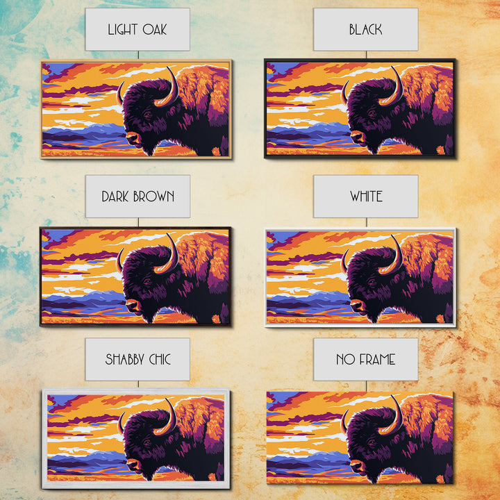 Bison Plains, rustic wall art, mountain painting, southwest wall art, landscape painting, extra wide art, Framed Canvas Print, farmhouse decor