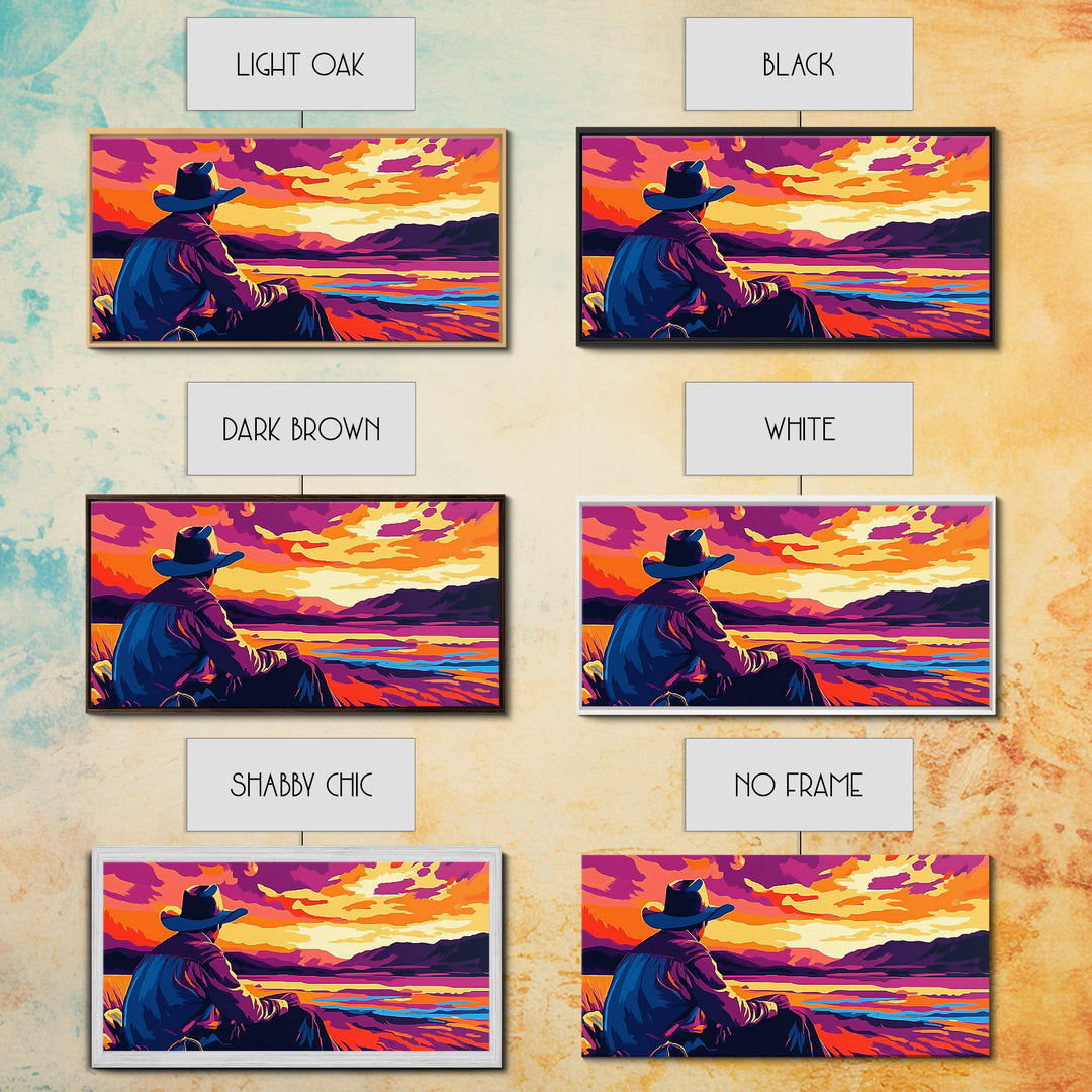 Cowboy Sunset, western art, landscape painting, rustic decor, panoramic art, farmhouse art, Framed Canvas Print, gift idea, extra wide art