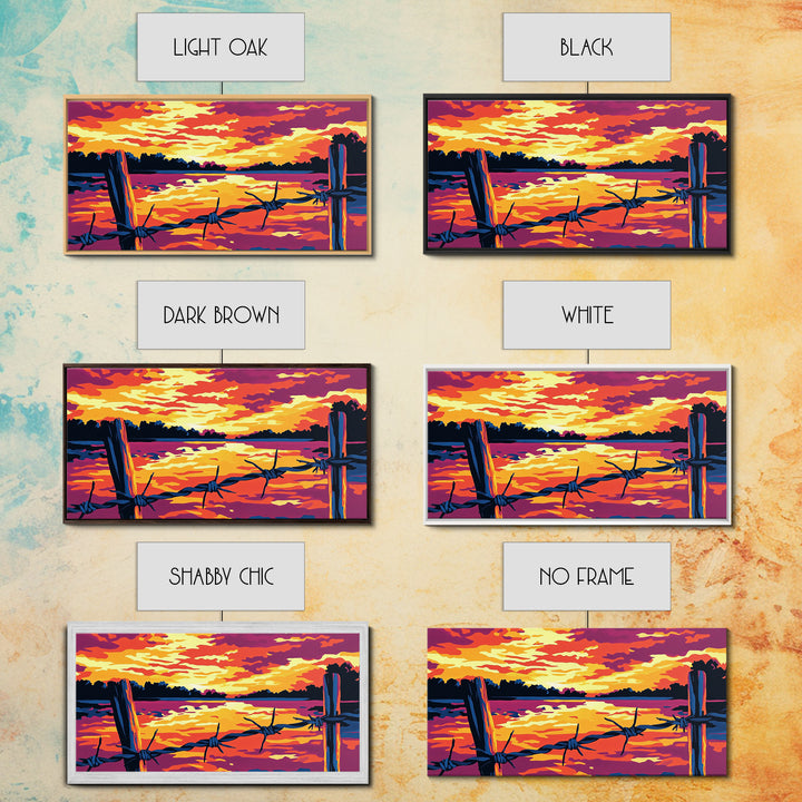 Barbed wire, rustic fence, cowboy art, sunset glow, farmhouse wall art, panoramic painting, western landscape, framed canvas print