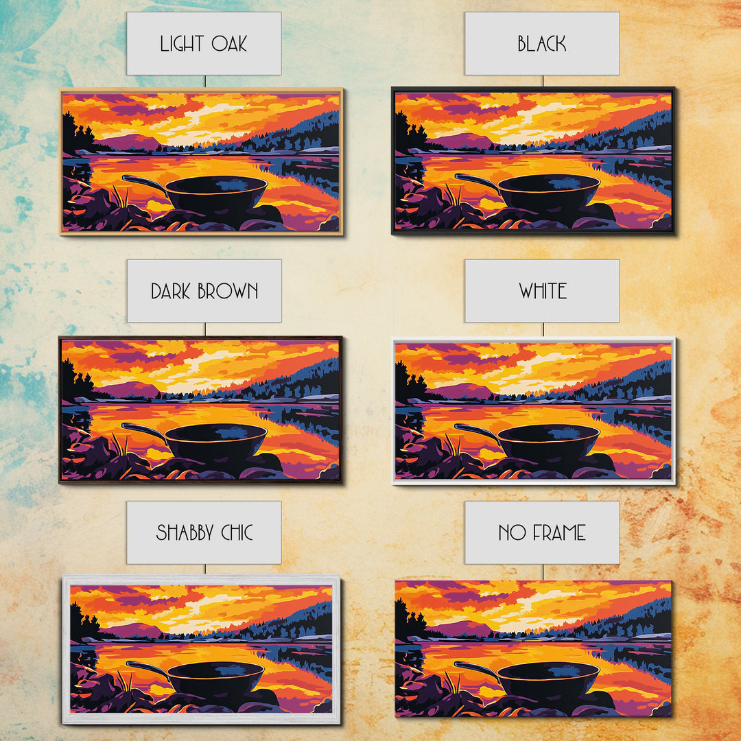 Cast iron pan, outdoor cooking, cowboy camping, rustic kitchen decor, lakeside sunset, nostalgic western art, framed canvas print