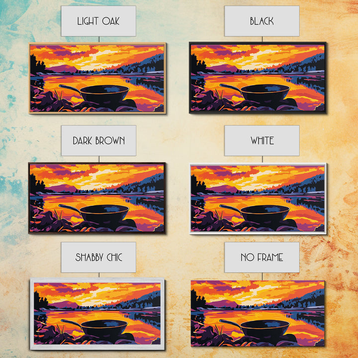 Cast iron pan, outdoor cooking, cowboy camping, rustic kitchen decor, lakeside sunset, nostalgic western art, framed canvas print