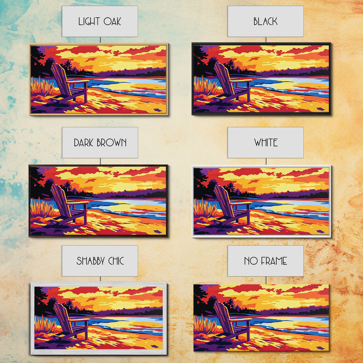 Adirondack chair, lake view, relaxing sunset, cabin art, rustic landscape, extra wide art, nature lover decor, canvas print