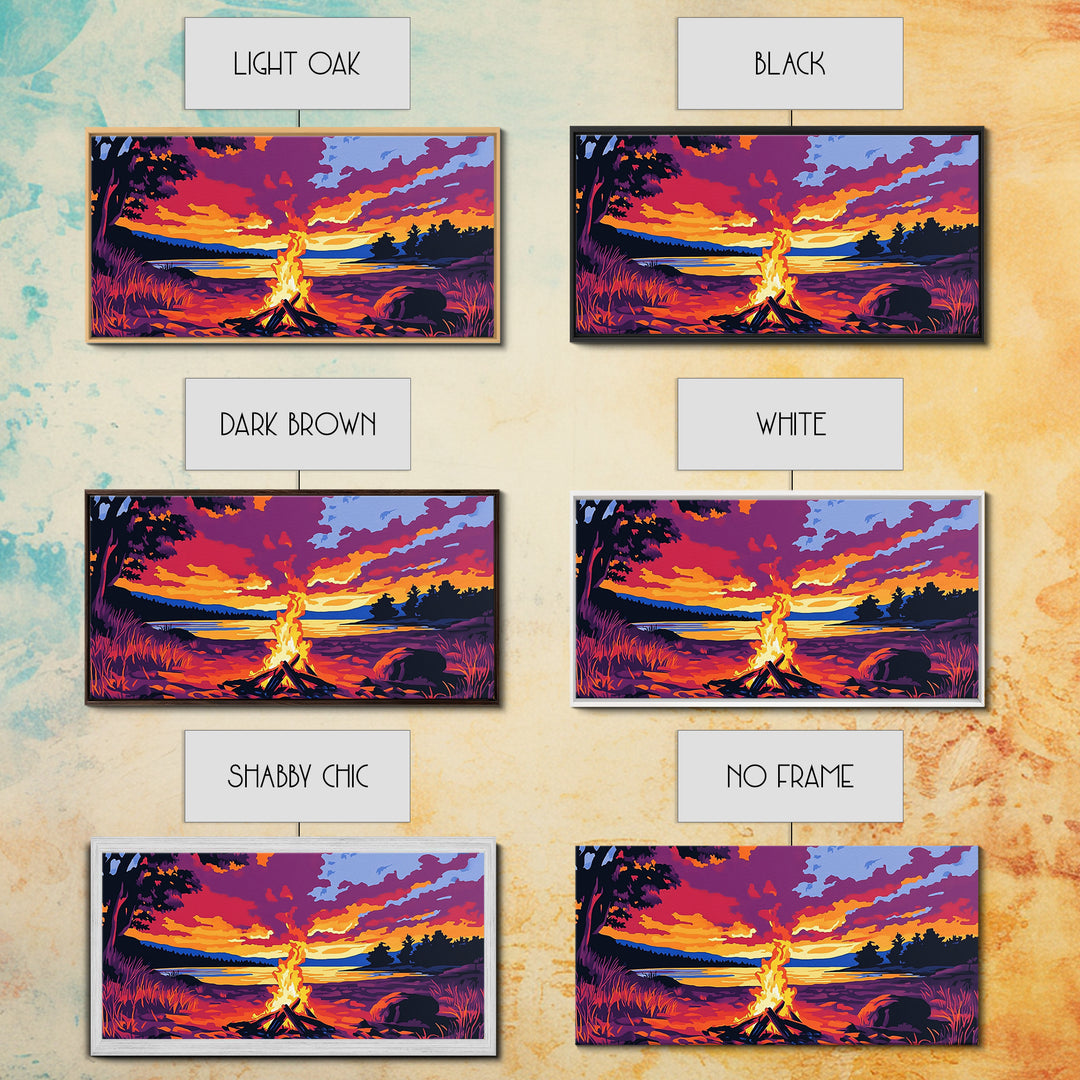 Bonfire, lakeside evening, autumn wall art, warm sunset painting, outdoor adventure art, extra wide art, framed canvas print