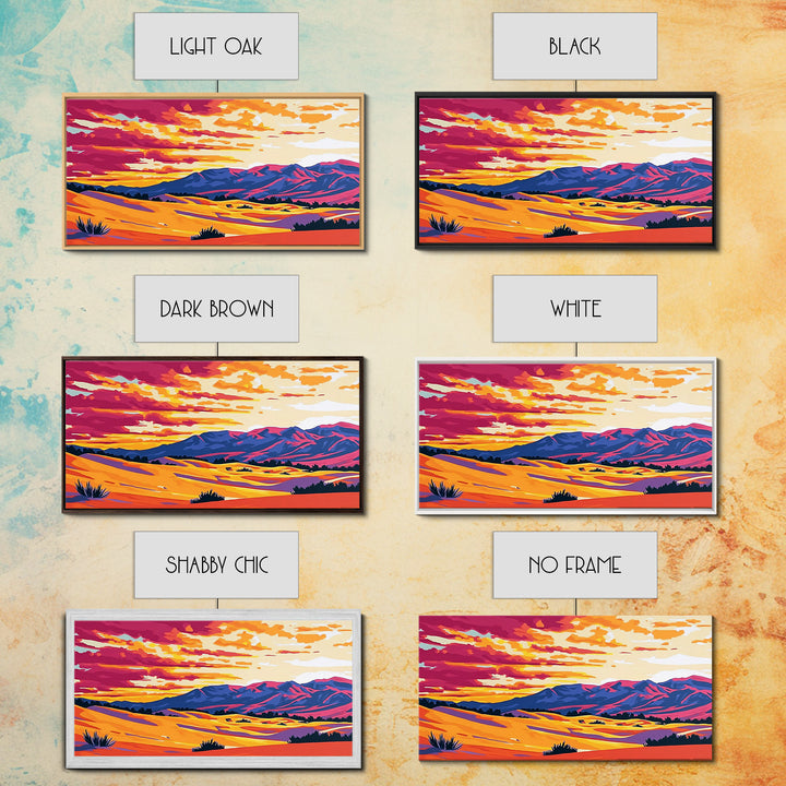 Desert dunes, mountain painting, western sunset, scenic landscape art, minimalist boho decor, panoramic art, framed canvas print