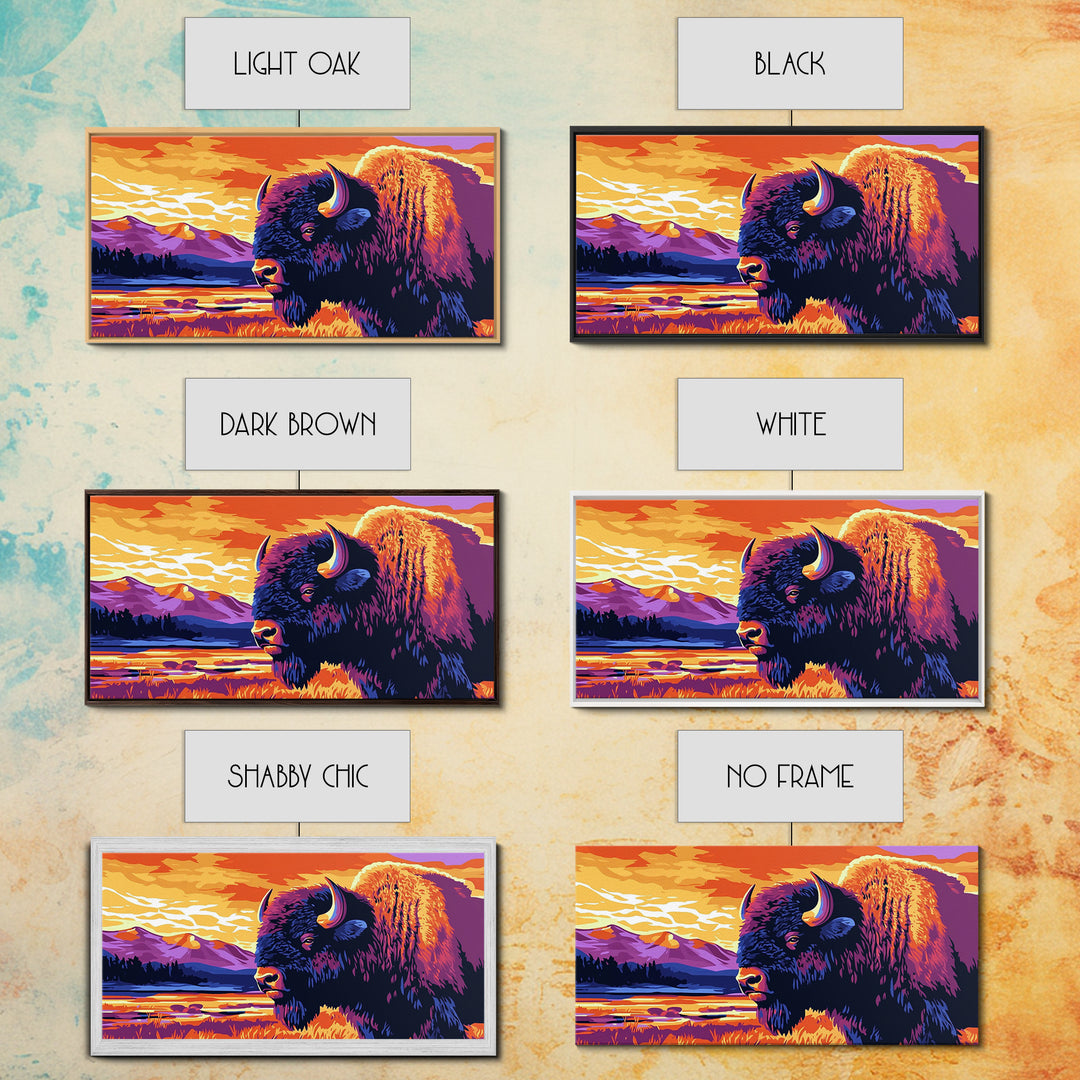 Bison, mountain scenery, rustic wildlife decor, western art, nature lover gift idea, farmhouse wall art, framed canvas print