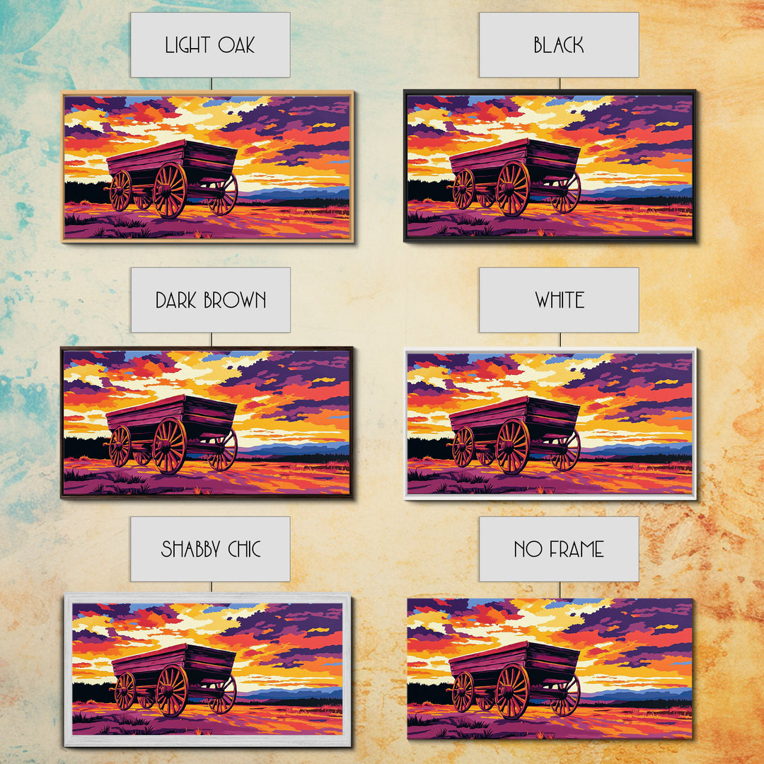 Covered wagon, prairie landscape, rustic western art, historical painting, farmhouse decor, extra wide art, framed canvas print