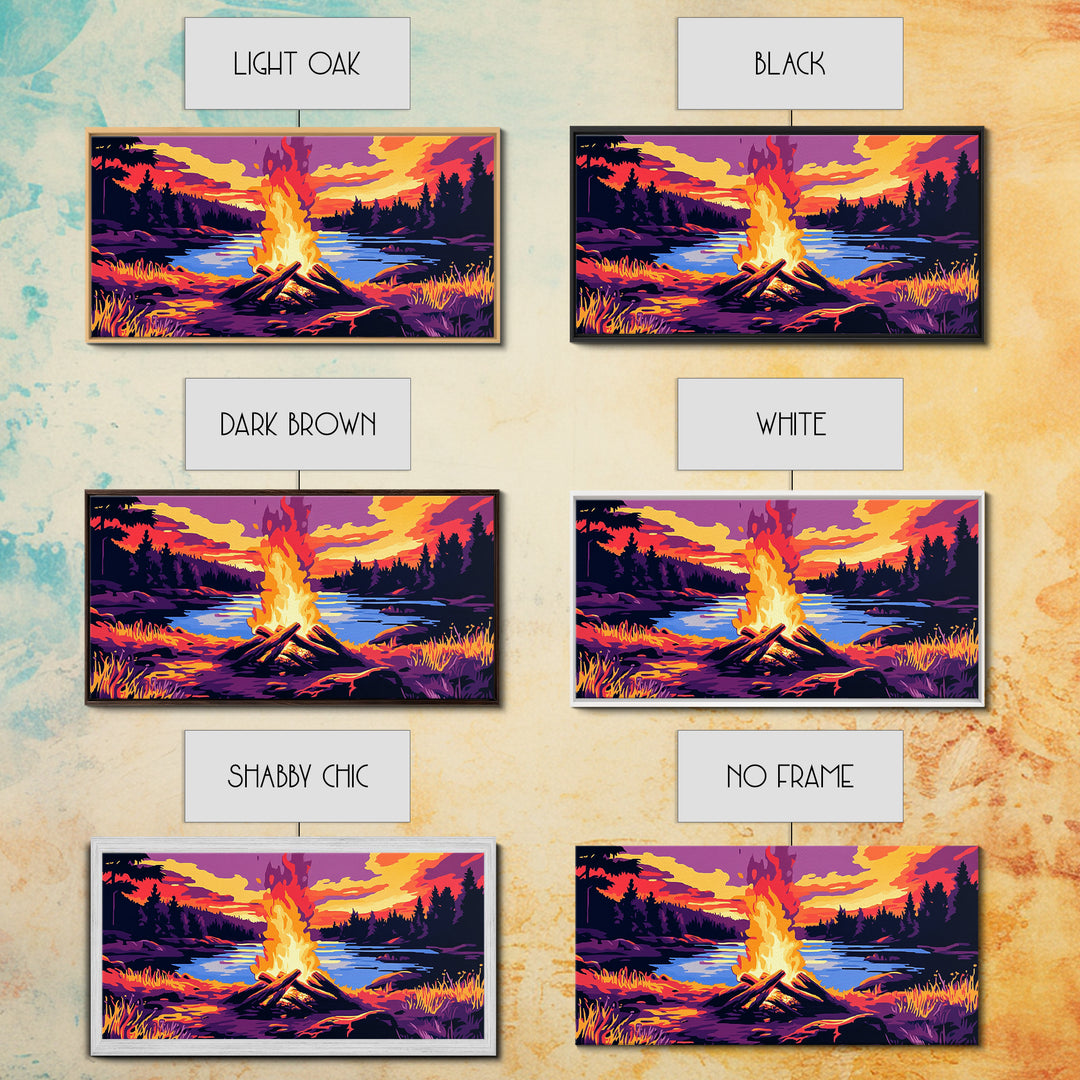 Campfire, lake sunset, rustic art, outdoor decor, cozy cabin wall art, smoky mountain art, framed canvas print, horizontal wall art