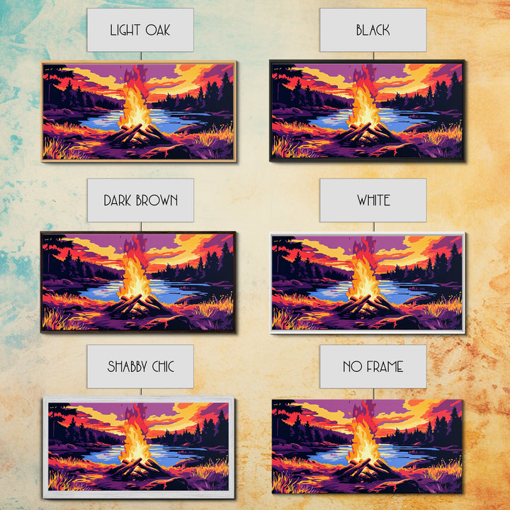 Campfire, lake sunset, rustic art, outdoor decor, cozy cabin wall art, smoky mountain art, framed canvas print, horizontal wall art