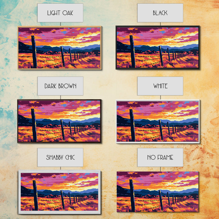 Barbed Fence, rustic art, country painting, extra wide art, farmhouse wall art, landscape painting, horizontal wall art, Framed Canvas Print