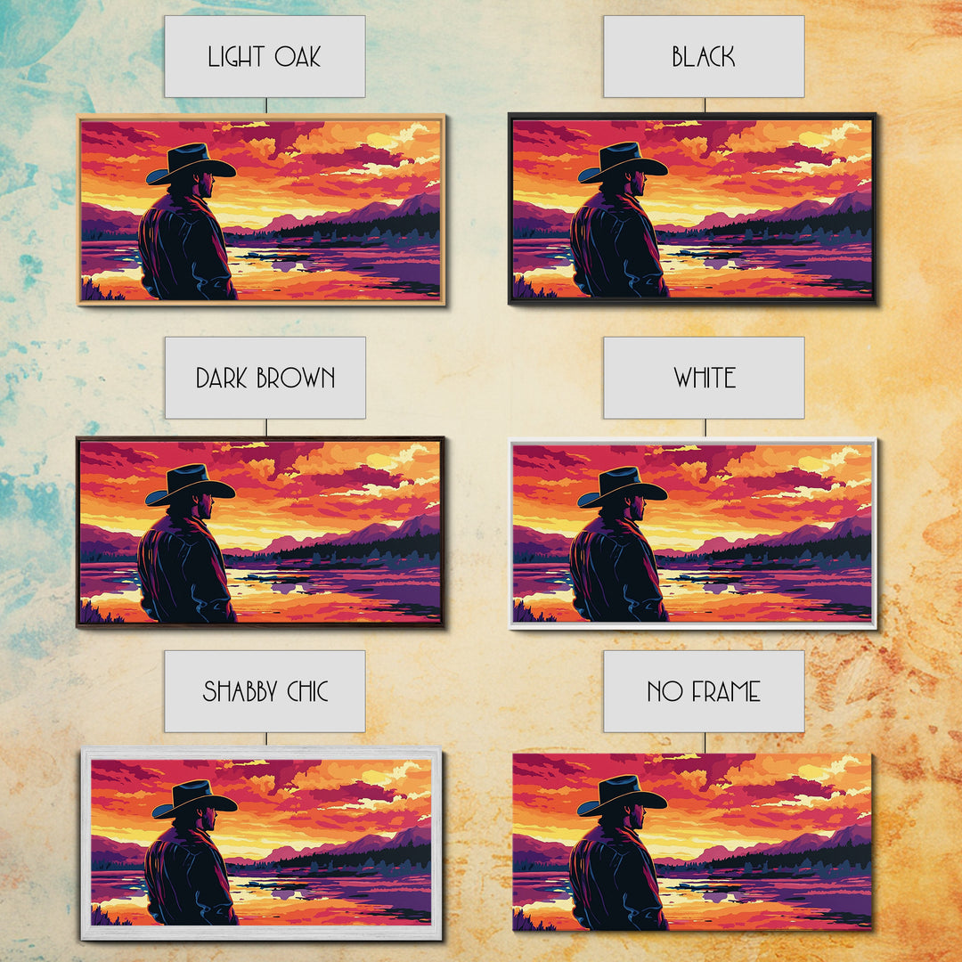 Cowboy Silhouette, Western Art, Southwest Wall Art, Rustic Decor, Moody Art, Framed Canvas Print, Gift Idea, Panoramic Art, Horizontal Wall Art