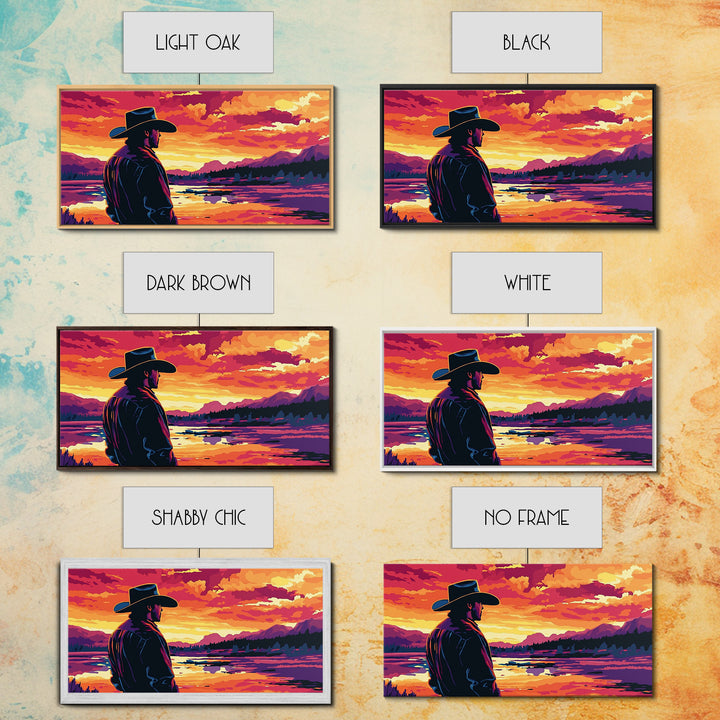 Cowboy Silhouette, Western Art, Southwest Wall Art, Rustic Decor, Moody Art, Framed Canvas Print, Gift Idea, Panoramic Art, Horizontal Wall Art