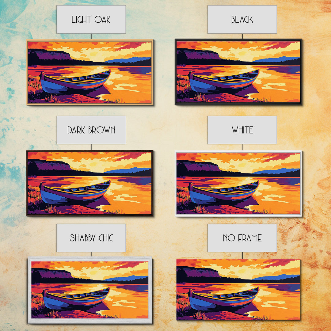 Boat on the Shore, nautical painting, seascape painting, rustic decor, above couch art, panoramic painting, extra wide art, canvas print