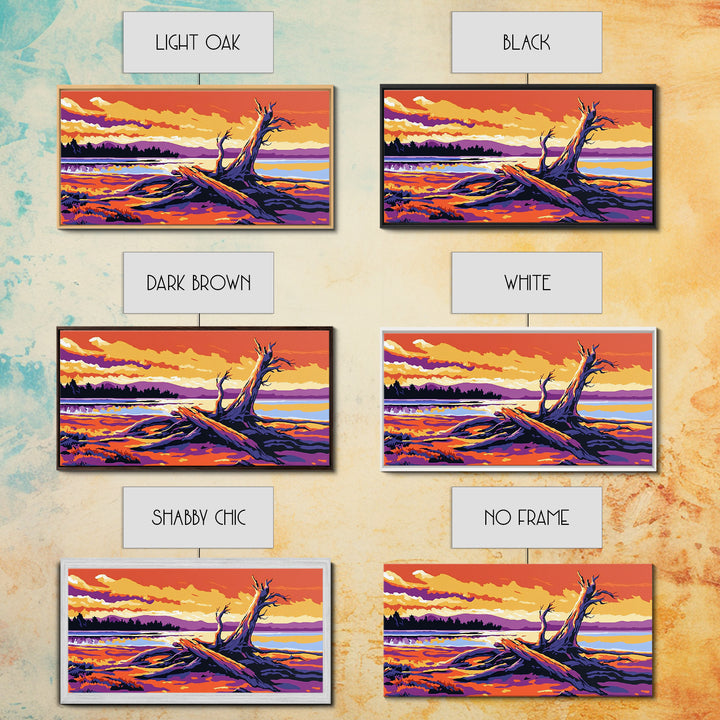 Driftwood Beach Scene, coastal landscape art, nautical painting, rustic wall art, ocean sunset art, panoramic art, framed canvas print