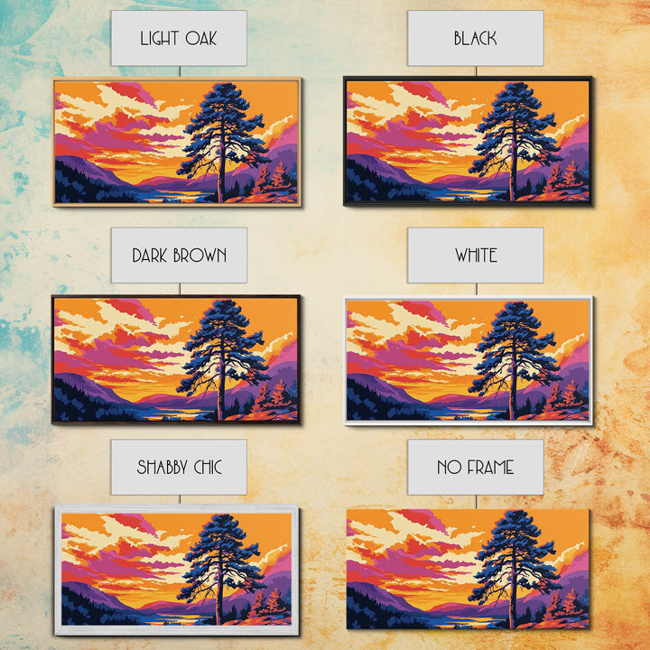 Pine Tree Sunset, smoky mountain art, Joshua tree art, landscape painting, rustic decor, extra wide wall art, framed canvas print