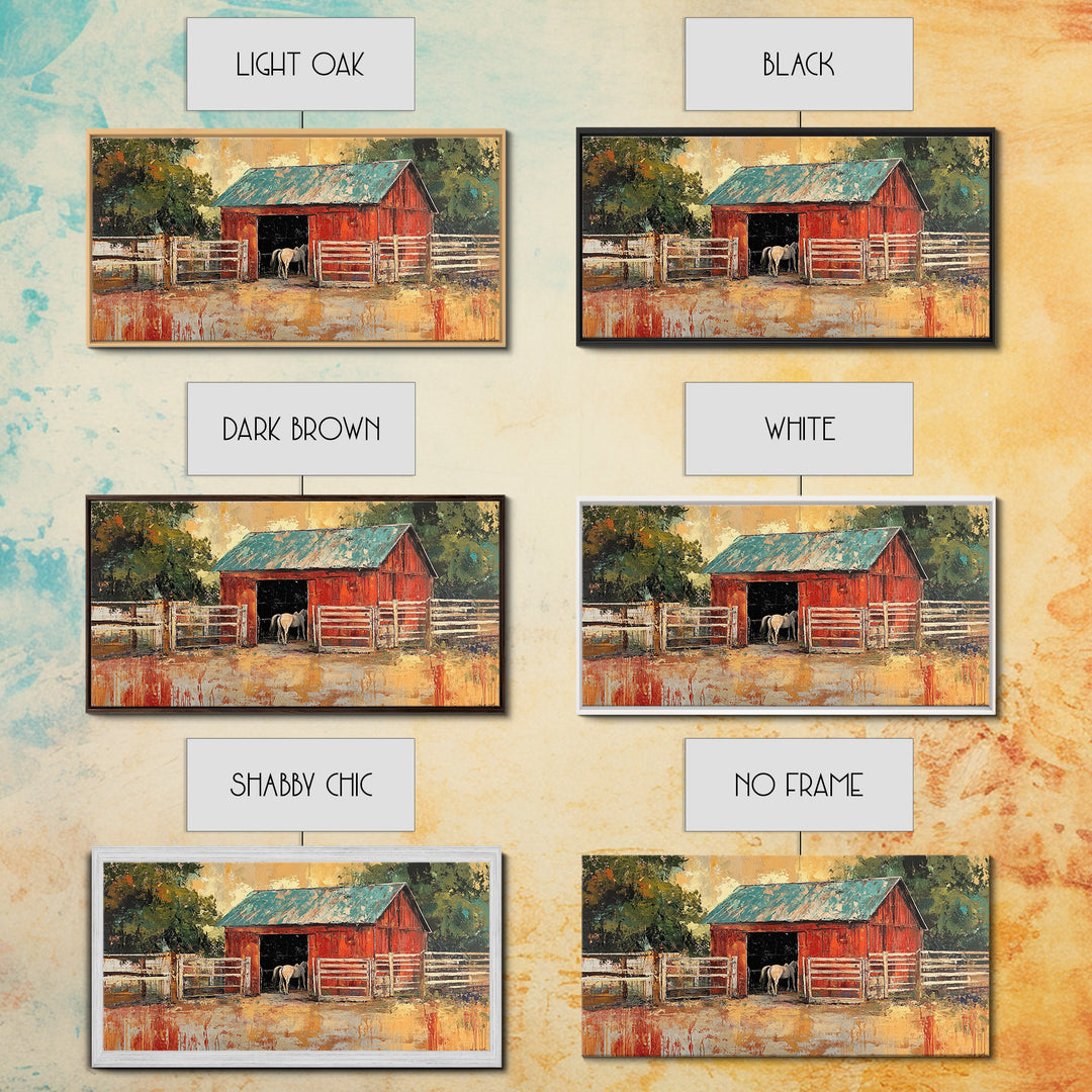 Rustic Barn Scene, barn landscape oil painting, western wall art, farmhouse decor, rural life painting, extra wide art, framed canvas print, wabi sabi art