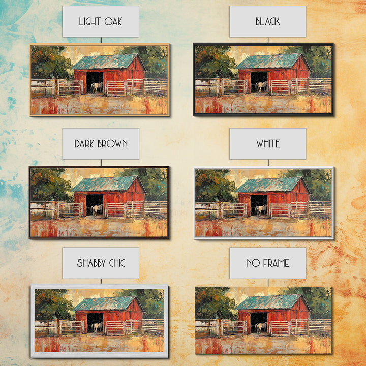 Rustic Barn Scene, barn landscape oil painting, western wall art, farmhouse decor, rural life painting, extra wide art, framed canvas print, wabi sabi art