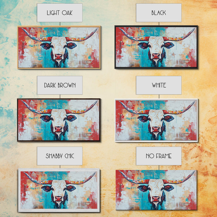 Colorful Longhorn Art, rustic wall art, farmhouse art, southwest wall art, bold animal painting, extra wide art, canvas print, wabi sabi art