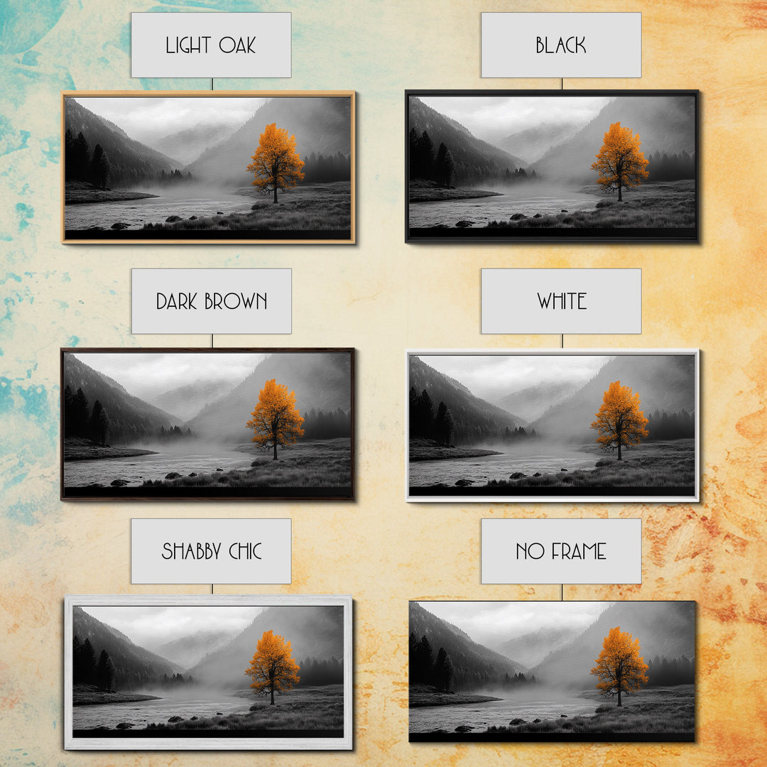 Autumn Tree in Fog, smoky mountain art, pine tree art, wabi sabi art, forest at dusk painting, fall wall art, rustic decor, Framed Canvas Print