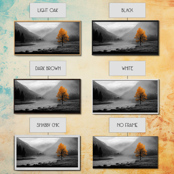 Autumn Tree in Fog, smoky mountain art, pine tree art, wabi sabi art, forest at dusk painting, fall wall art, rustic decor, Framed Canvas Print