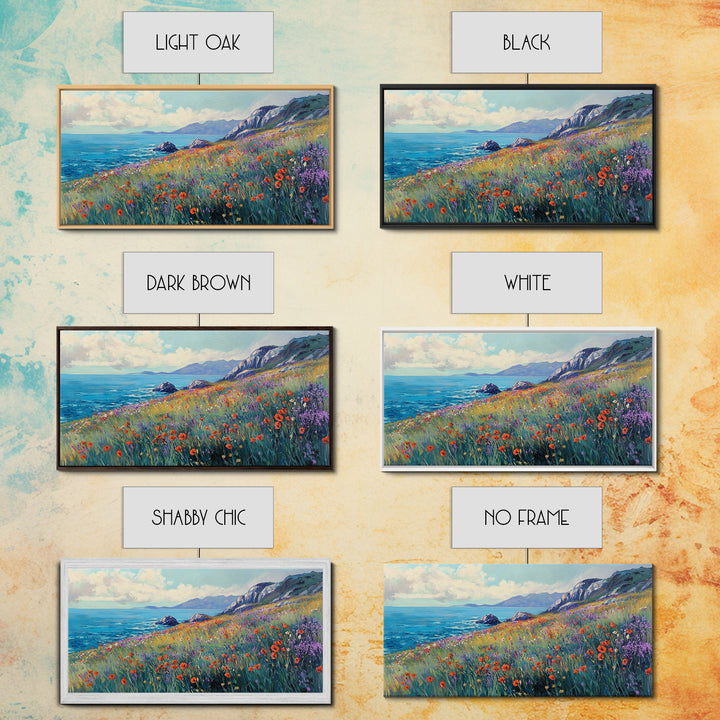 Coastal Wildflower Art, Framed Canvas Print, Poppy Wall Art, Coastal Landscape Art, Seascape Painting, Extra Wide Art, Above Couch Art