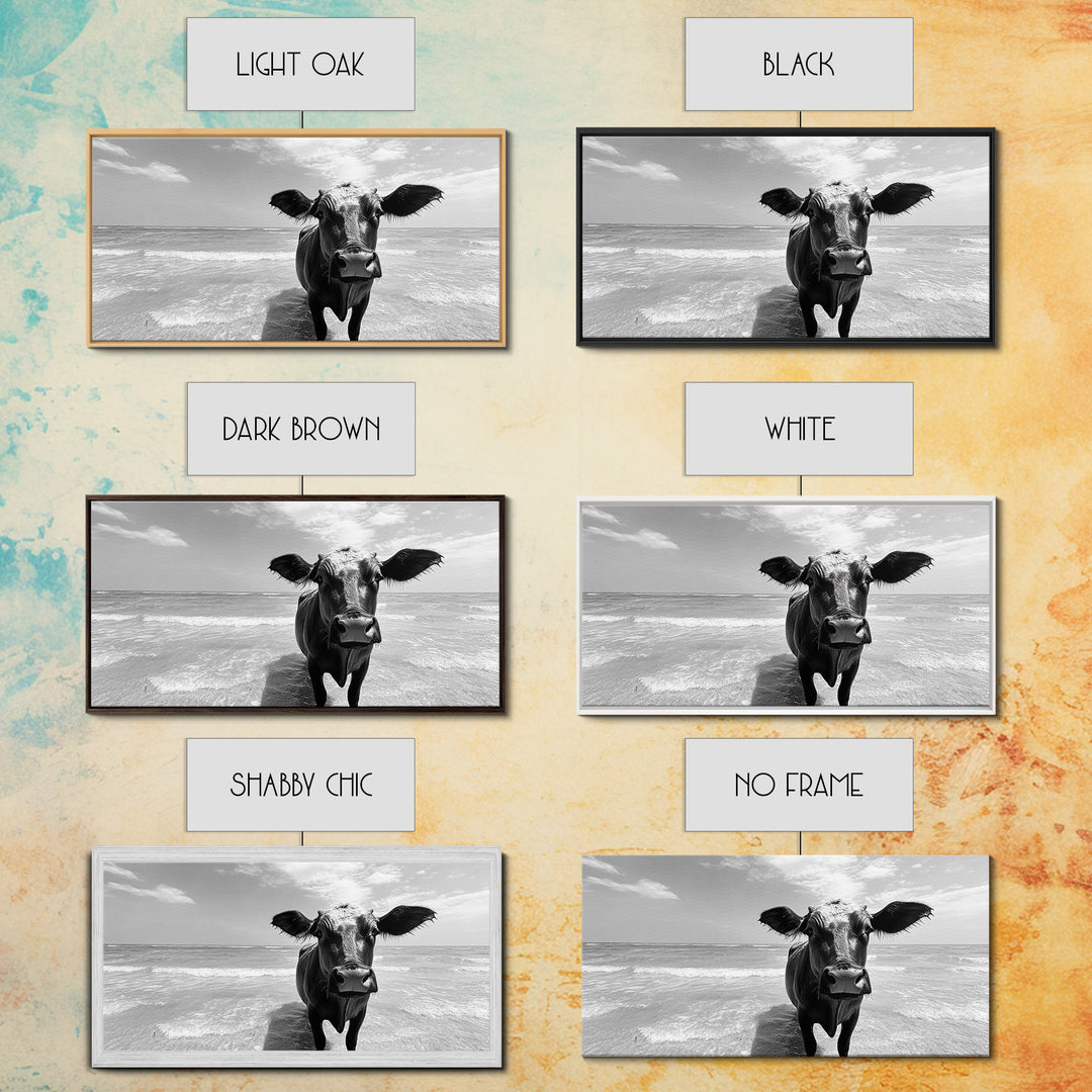 Curious Beach Cow, coastal wall art, cow painting, whimsical art, black and white photography, farmhouse decor, seascape painting, Canvas Print