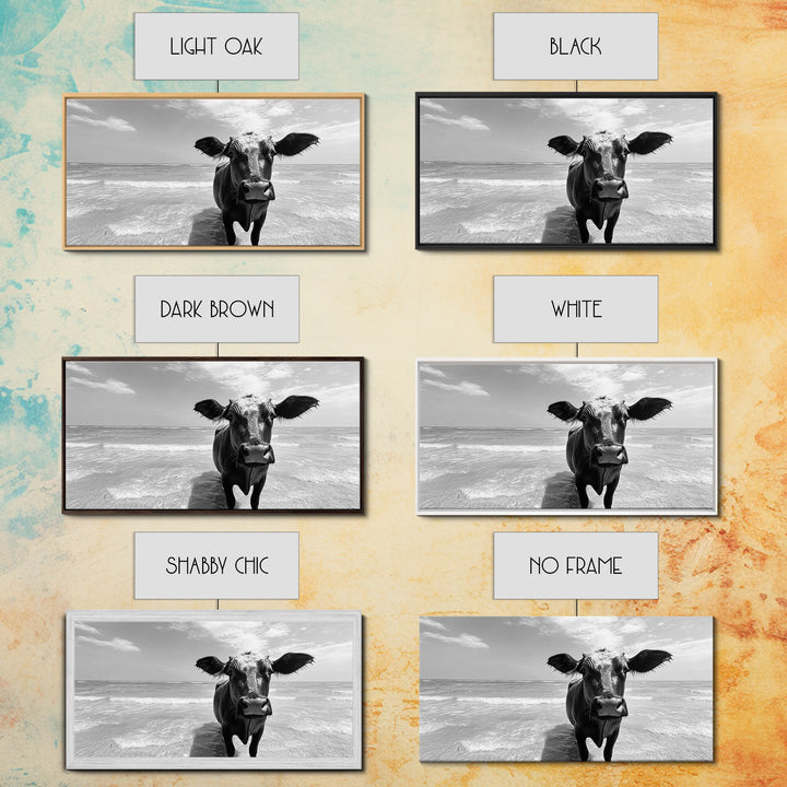 Curious Beach Cow, coastal wall art, cow painting, whimsical art, black and white photography, farmhouse decor, seascape painting, Canvas Print