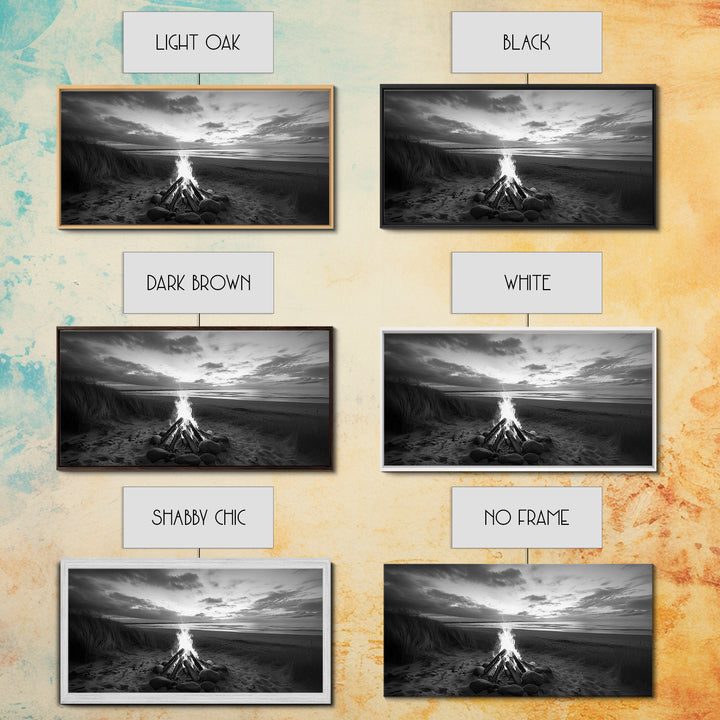 Bonfire on Beach, coastal decor, nautical painting, rustic art, beach sunset print, seascape painting, landscape painting, Framed Canvas Print