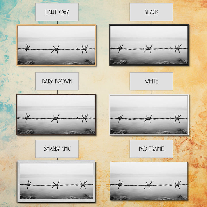 Barbed Wire, rustic decor, farmhouse art, minimalist black and white, modern wabi sabi wall art, textured art, panoramic art, Canvas Print