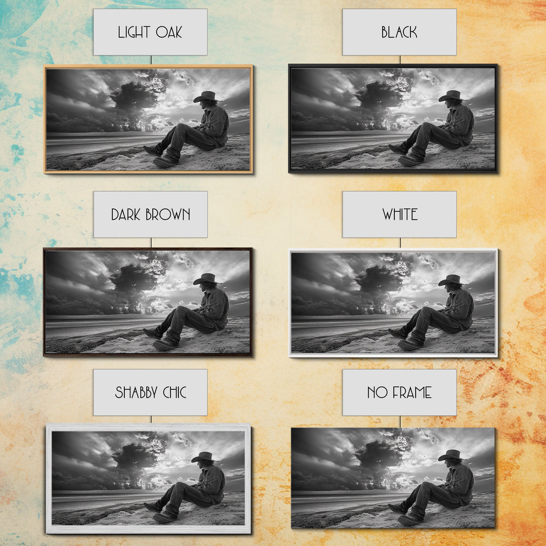 Cowboy on Beach, Moody Art, Western Wall Art, Dramatic Sky Print, Rustic Decor, Coastal Cowgirl Aesthetic, Framed Canvas Print, Scenic View