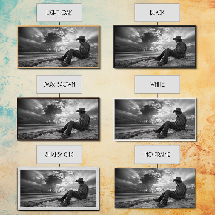 Cowboy on Beach, Moody Art, Western Wall Art, Dramatic Sky Print, Rustic Decor, Coastal Cowgirl Aesthetic, Framed Canvas Print, Scenic View