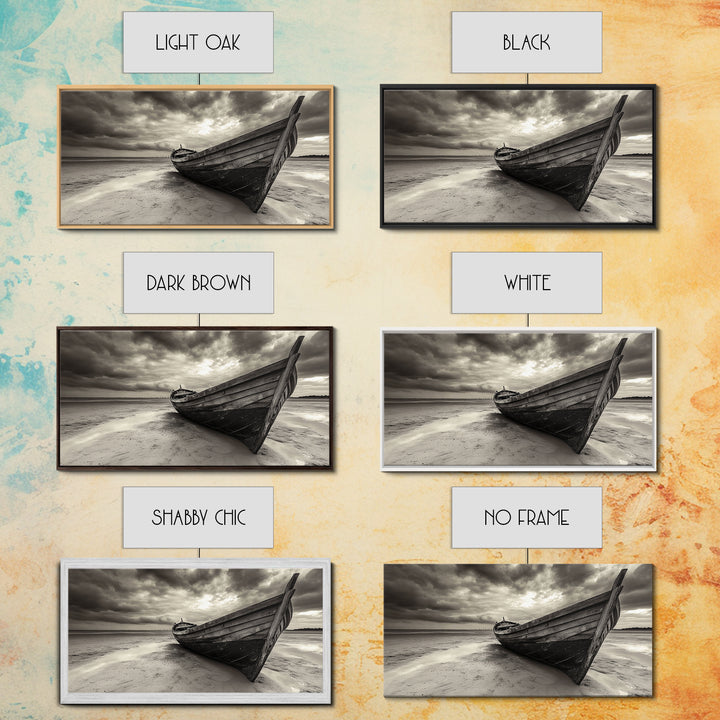 Abandoned Boat, Nautical Wall Art, Coastal Decor, Seascape Painting, Rustic Wall Art, Dramatic Sky, Framed Canvas Print, Panoramic Art